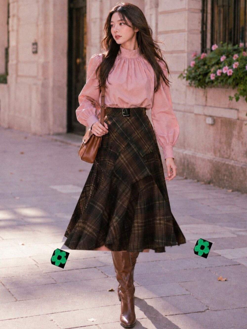 BASQUE🐞Tweed Brown Plaid Asymmetrical A-Line Flare Midi Skirt Sz:10